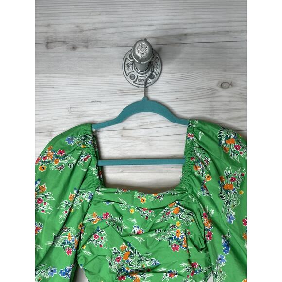 A New Day Dress Womens Small Green Floral Puff Sleeve Square Neck Smocked Lined - Picture 2 of 9
